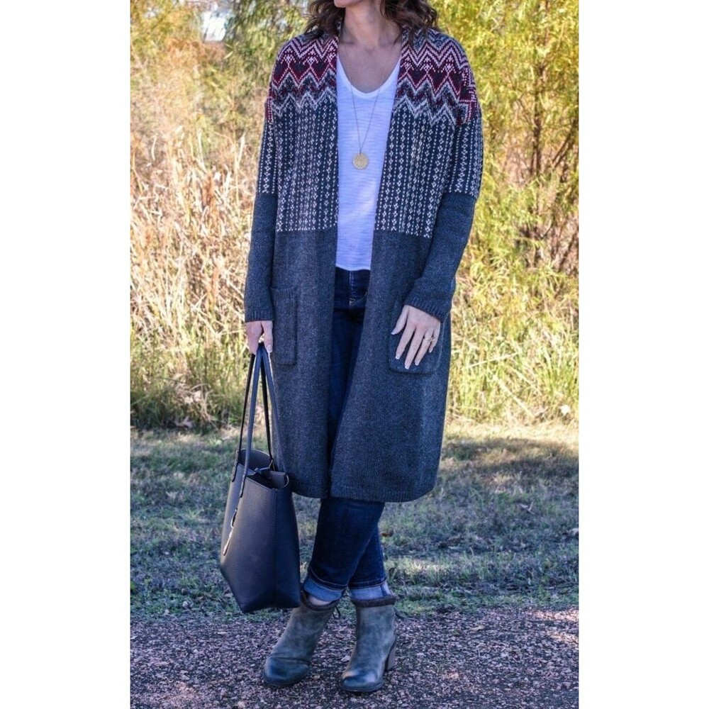 J Jill Newbury Topper Long Open Cardigan Sweater Womens XL Fair Isle Pockets